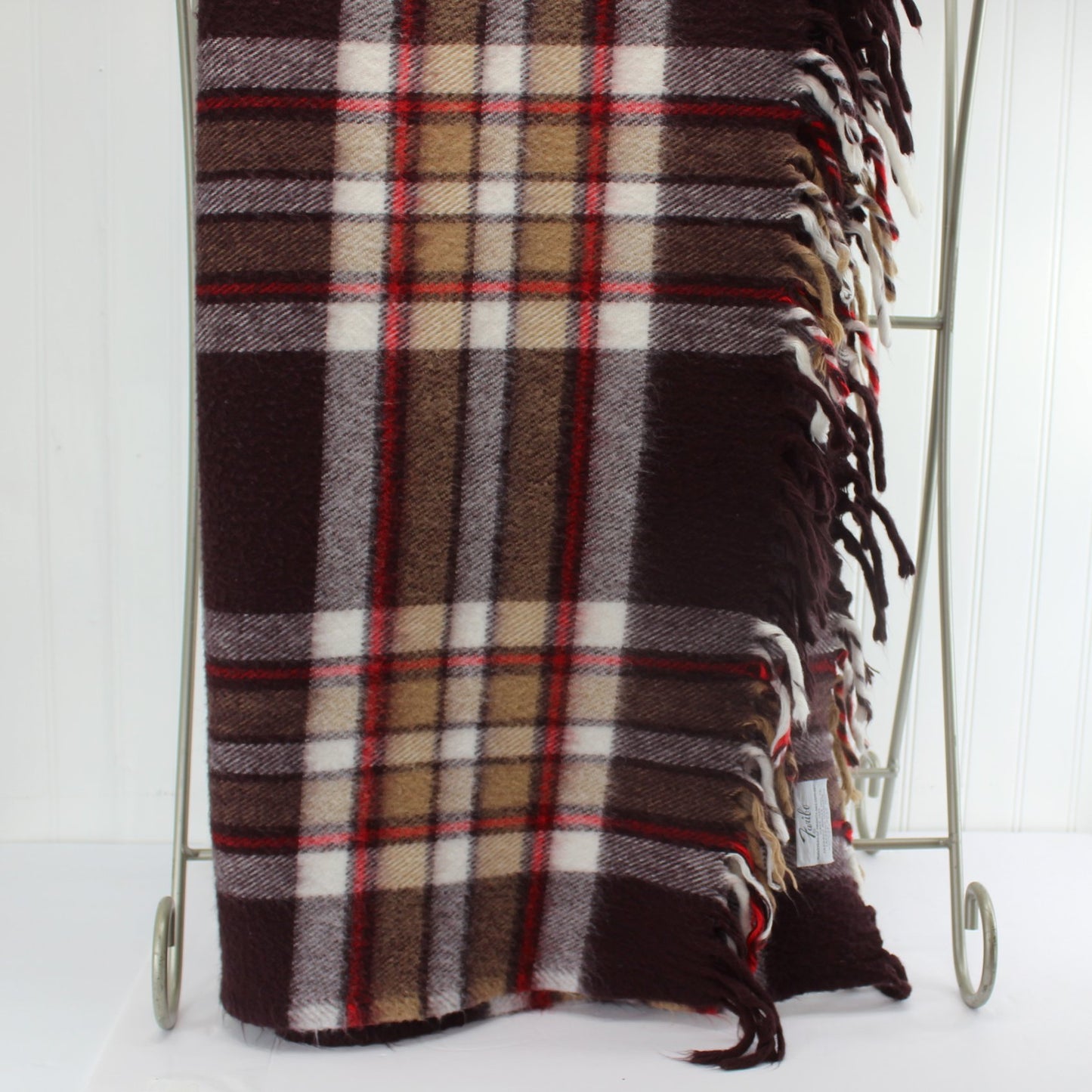 Faribo Acrylic Throw Blanket Brown White Red Plaid 53" X 56" long view plaid