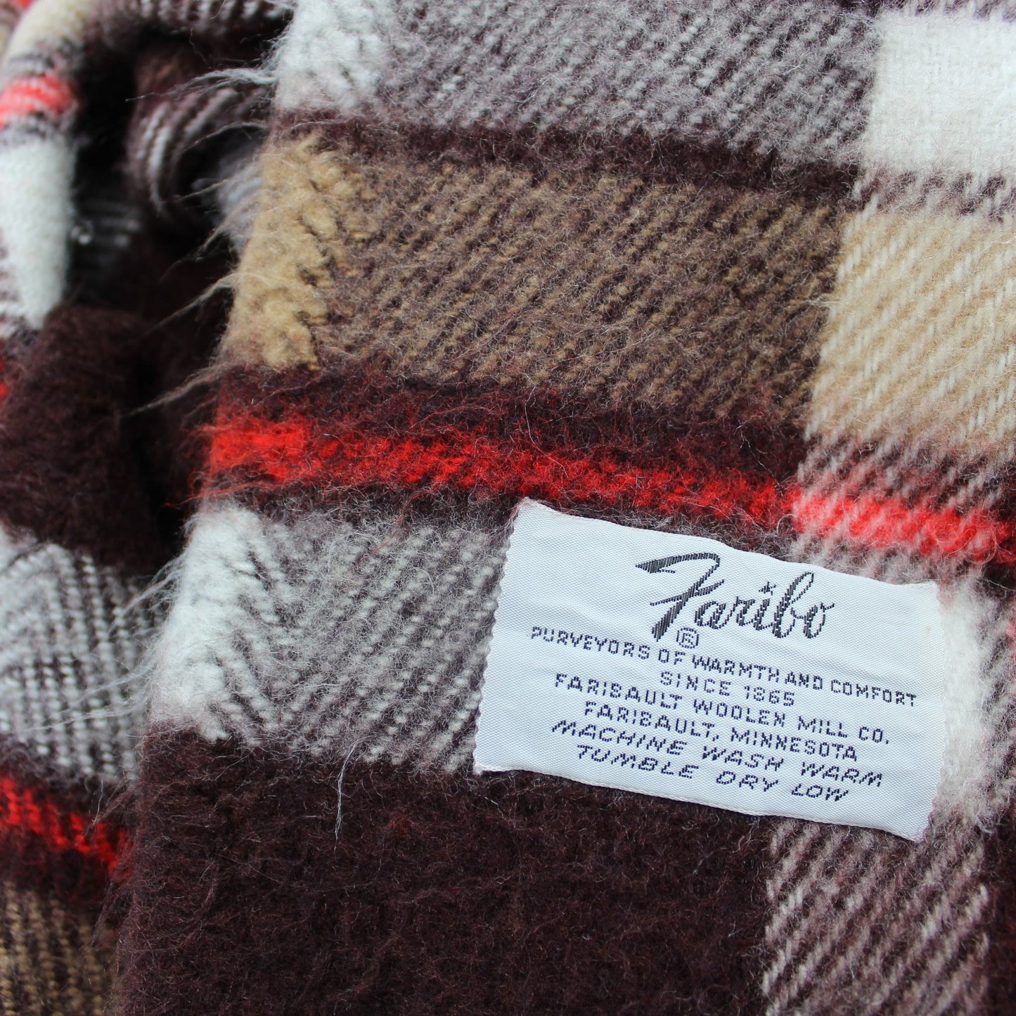 Faribo Acrylic Throw Blanket Brown Red Plaid 52" X 54" orig ribbon tag faribo