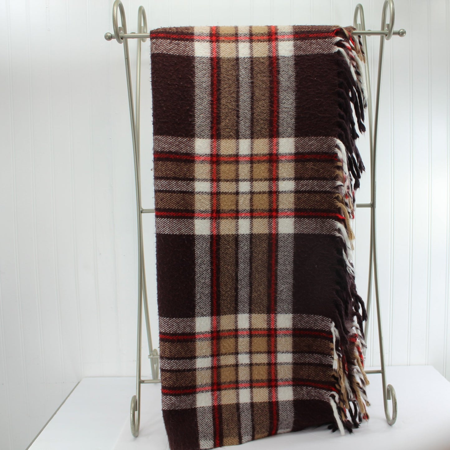 Faribo Acrylic Throw Blanket Brown Red Plaid 52" X 54" vertical view plaid
