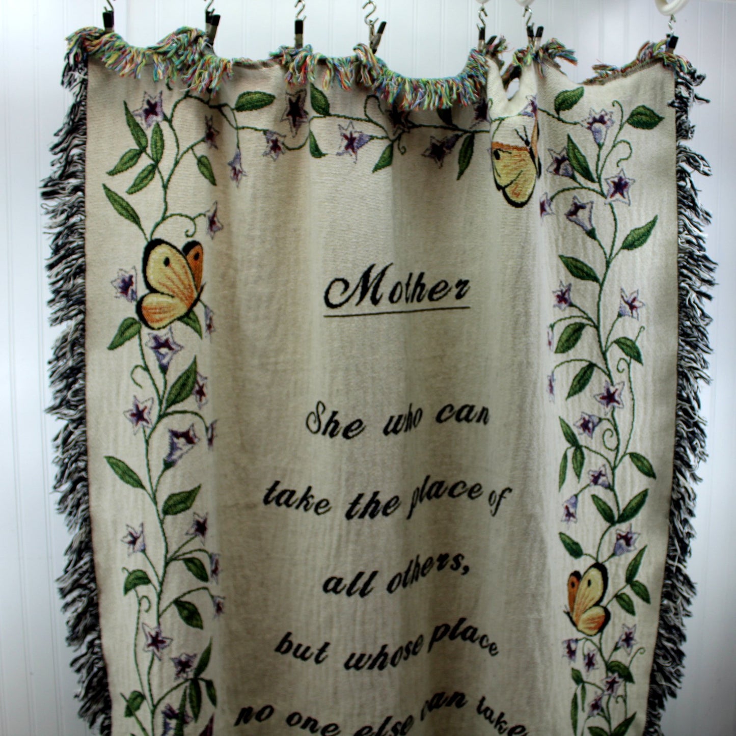 Exquisite Cotton Throw Blanket "Mother" Poem Floral Butterflies top of throw