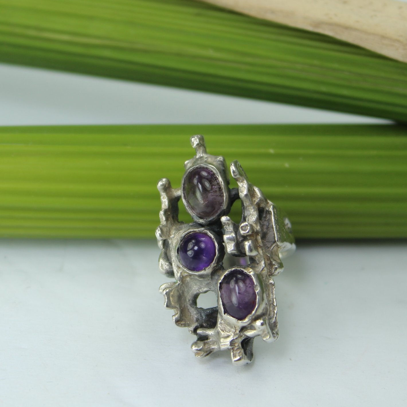 Large Free Form Sterling Amethyst Color 3 Stone Ring Gem-Craft Mark different view front