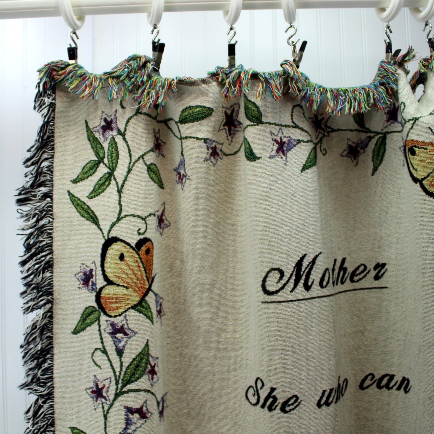 Exquisite Cotton Throw Blanket "Mother" Poem Floral Butterflies corner closeup