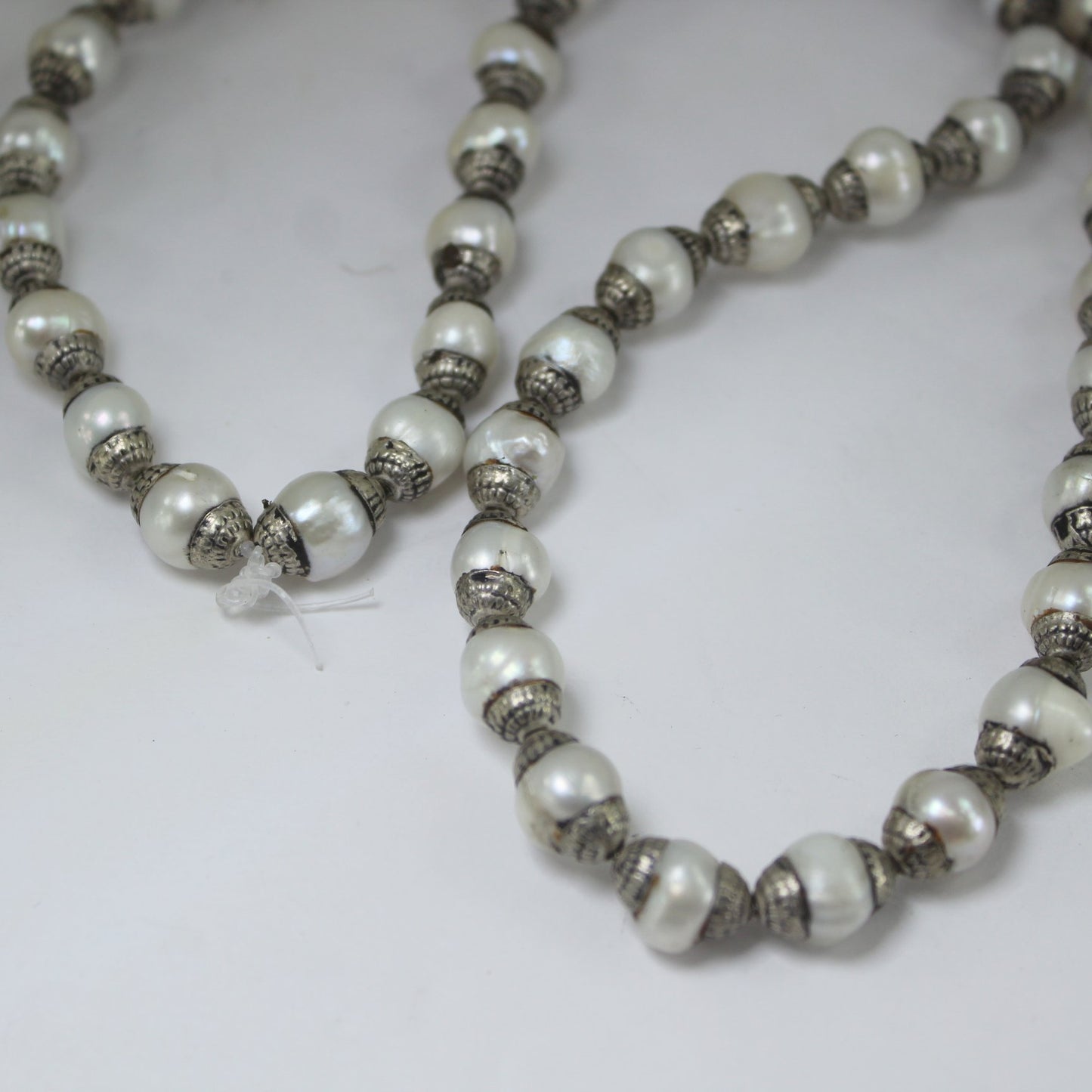 Necklace String Fresh Water Pearls Silver Spacers Wear DIY Jewelry closeup