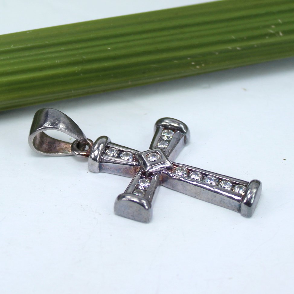 Sterling Rhinestones Vintage Cross Signed AJS Heavy Substantial Biker Euro Style Estate showing flat side view