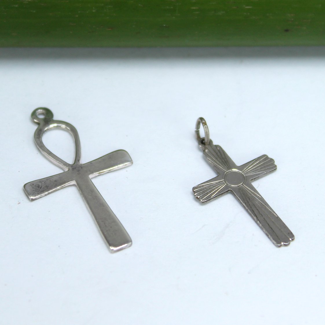 Sterling Rhinestones Vintage Cross Signed AJS Heavy Substantial Biker Euro Style Estate flat view of crosses