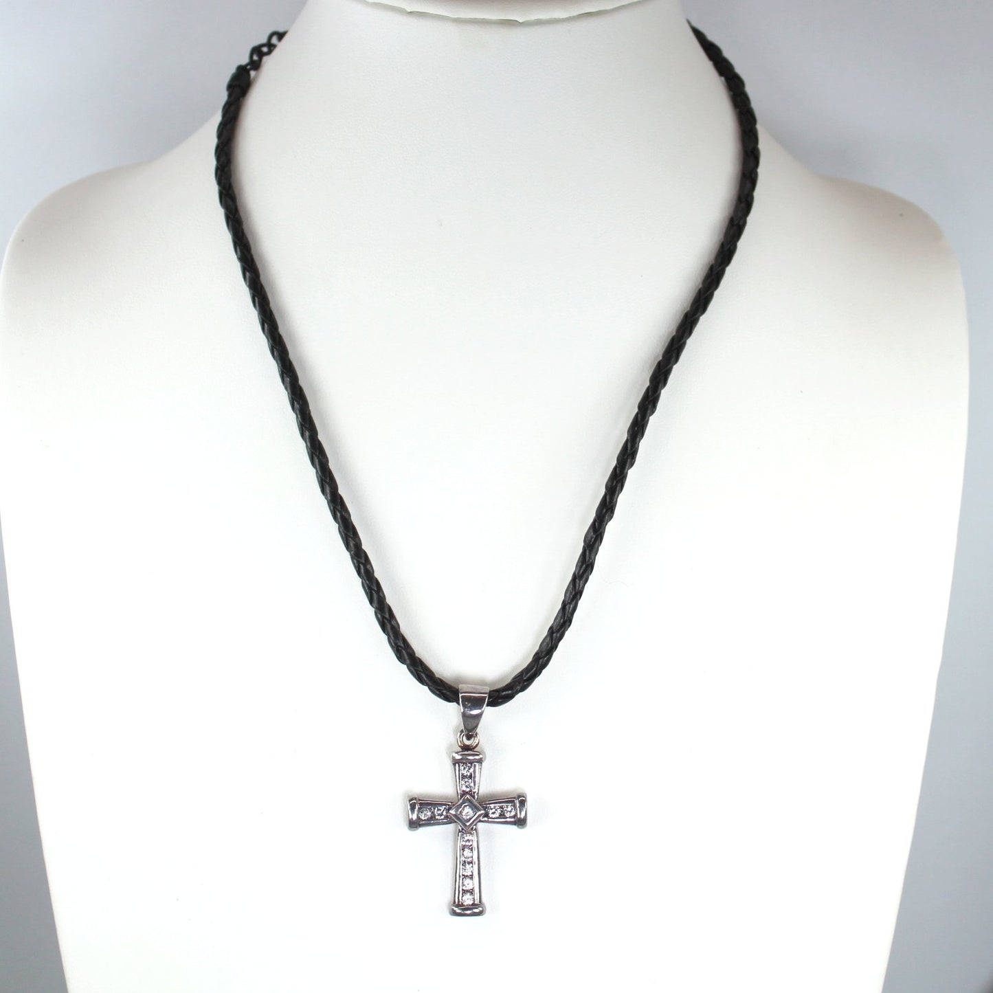 Sterling Rhinestones Vintage Cross Signed AJS Heavy Substantial Biker Euro Style Estate on neck view