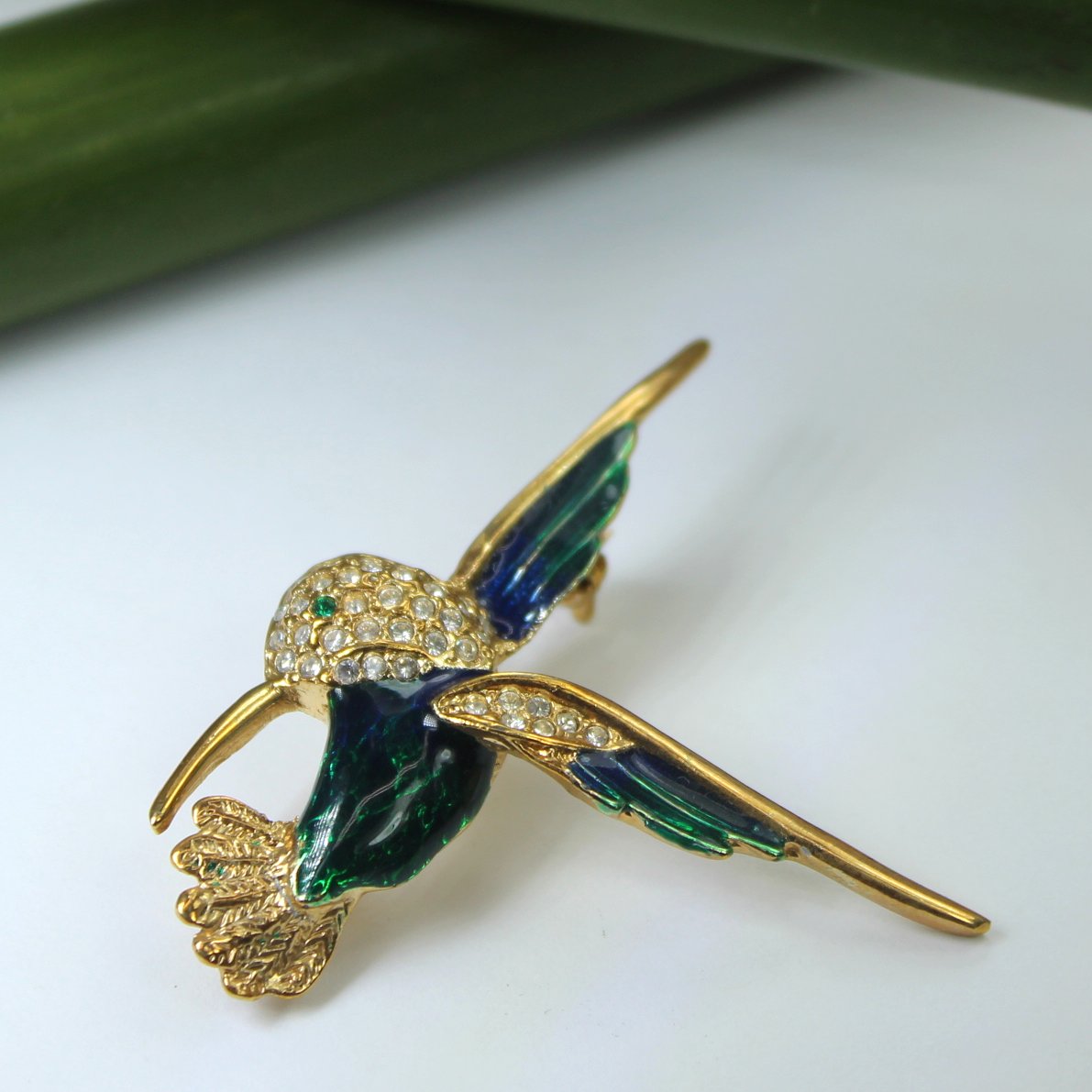 Roman Brooch Pin Hummingbird Blue Green Enamel Pave Rhinestone Estate other view of hummingbird