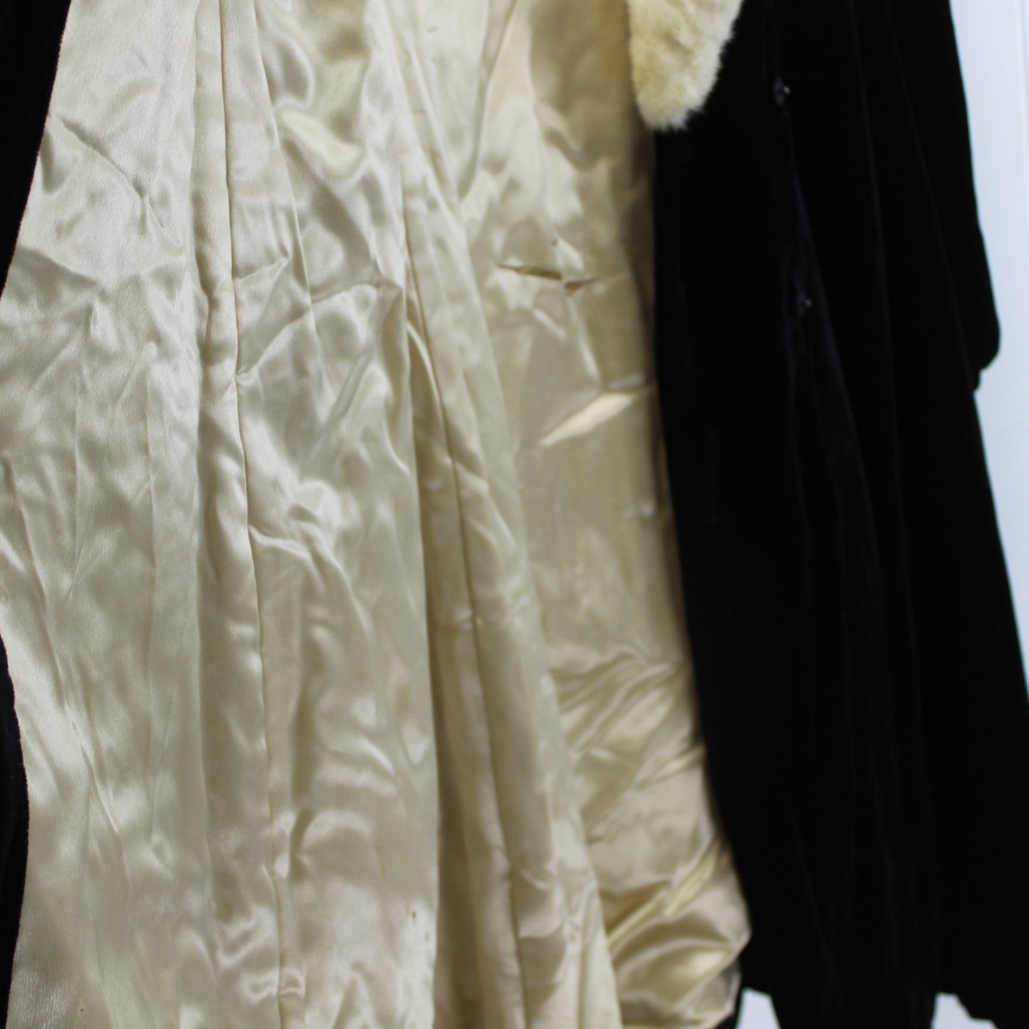Antique Black Velvet Coat Cream Fur Collar Charles Inc Springfield Hartford lining detail