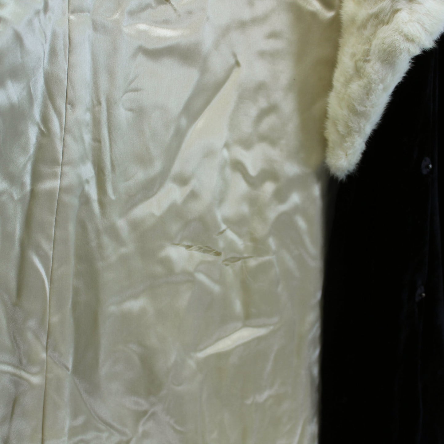 Antique Black Velvet Coat Cream Fur Collar Charles Inc Springfield Hartford split lining