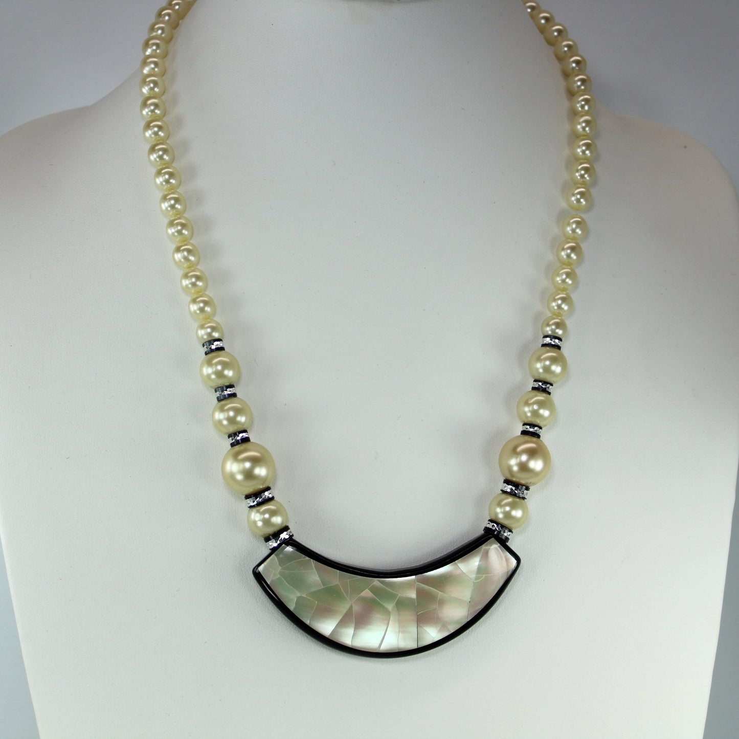 Unusual Necklace Mother of Pearl On Black Crescent Pearl Chain Black Accents on neck view