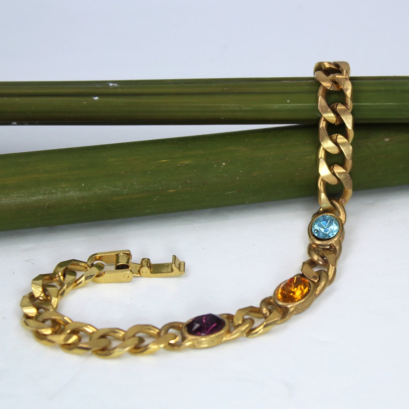 Gold Tone Link Bracelet 3 Glass Stones Amber Topaz Amethyst Colors other view bracelet