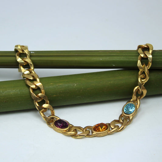 Gold Tone Link Bracelet 3 Glass Stones Amber Topaz Amethyst Colors