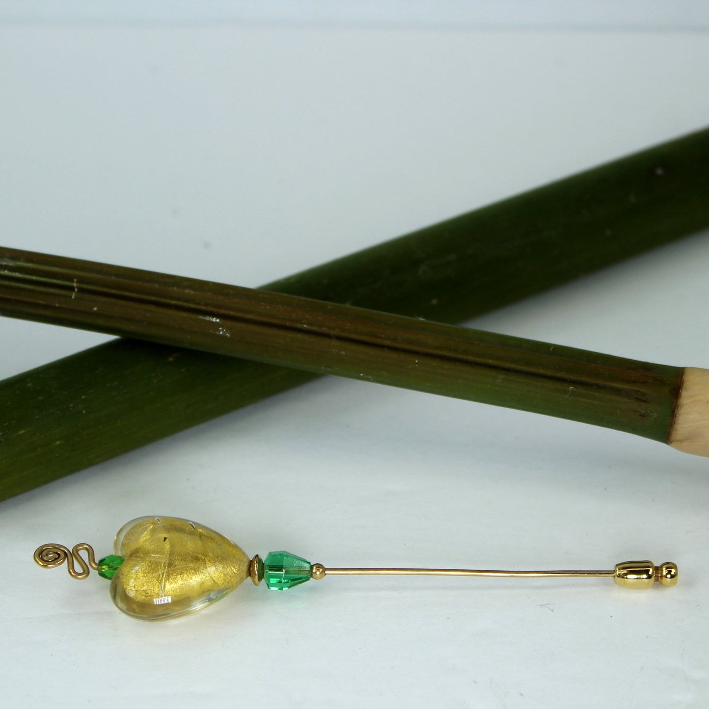 Art Glass Stick Pin Hat Pin Heart Shape Glass Green Beads flat view