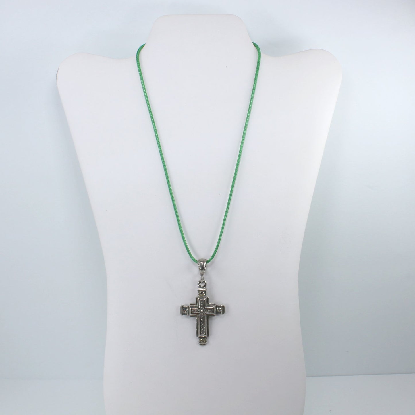 Large Silver Metal Cross Dimensional Cross on Cross Rhinestone Decorated full view as on neck