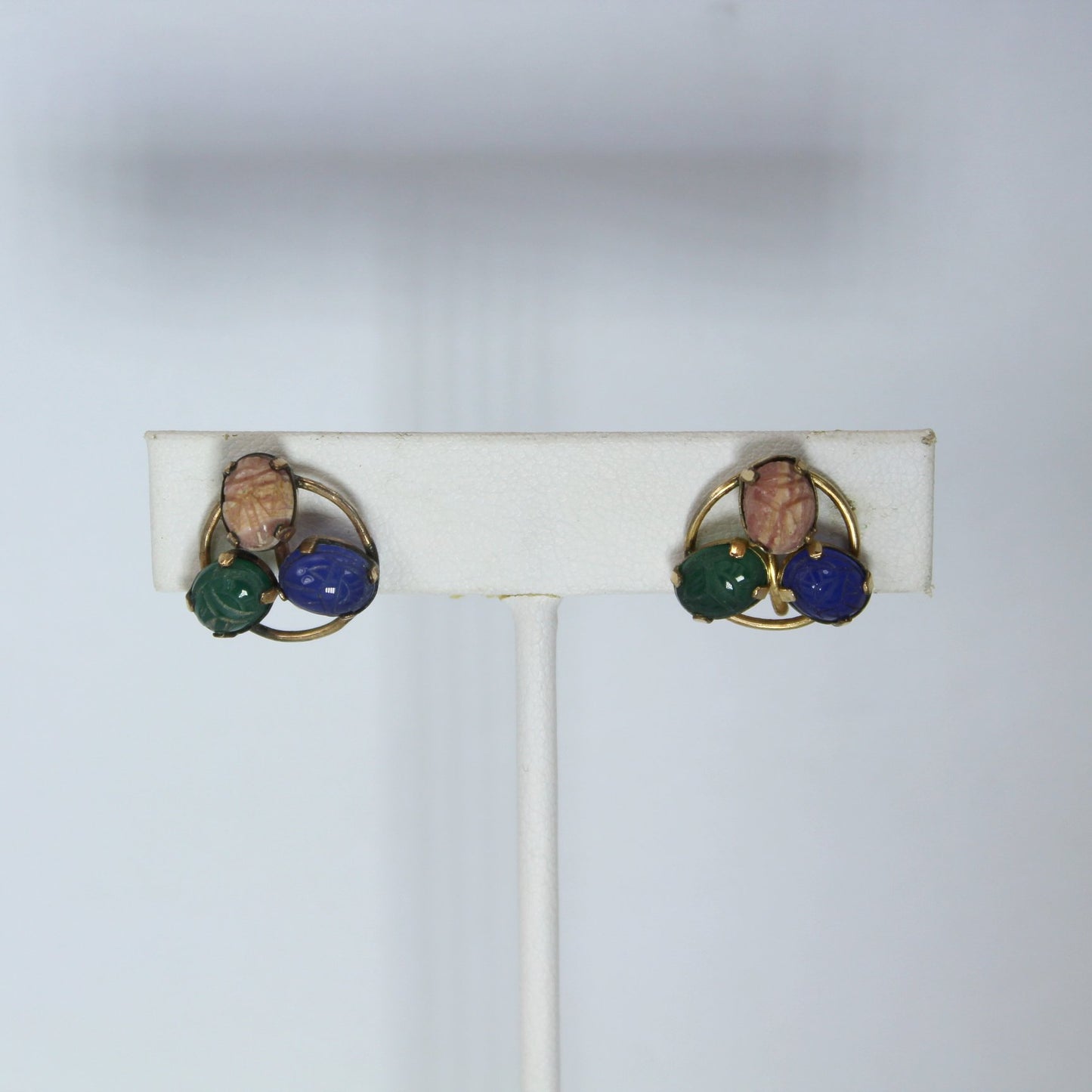 CC Mark Scarab 3 Stone Screw Earrings Mid Century 1/20 12K GF as on ear