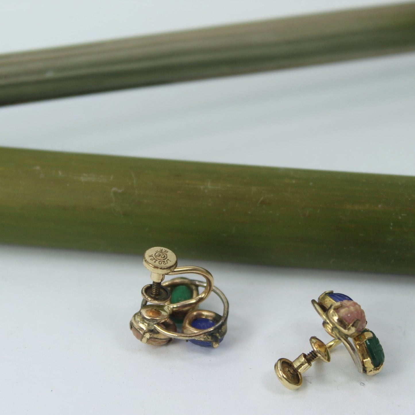 CC Mark Scarab 3 Stone Screw Earrings Mid Century 1/20 12K GF marks on finding