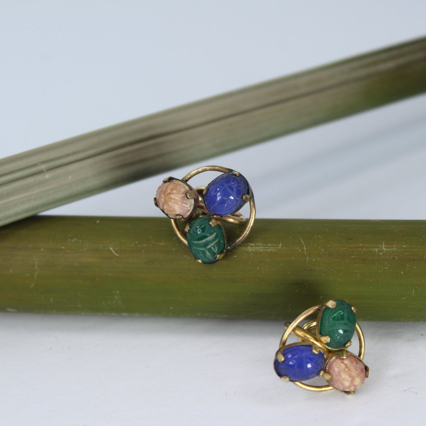 CC Mark Scarab 3 Stone Screw Earrings Mid Century 1/20 12K GF
