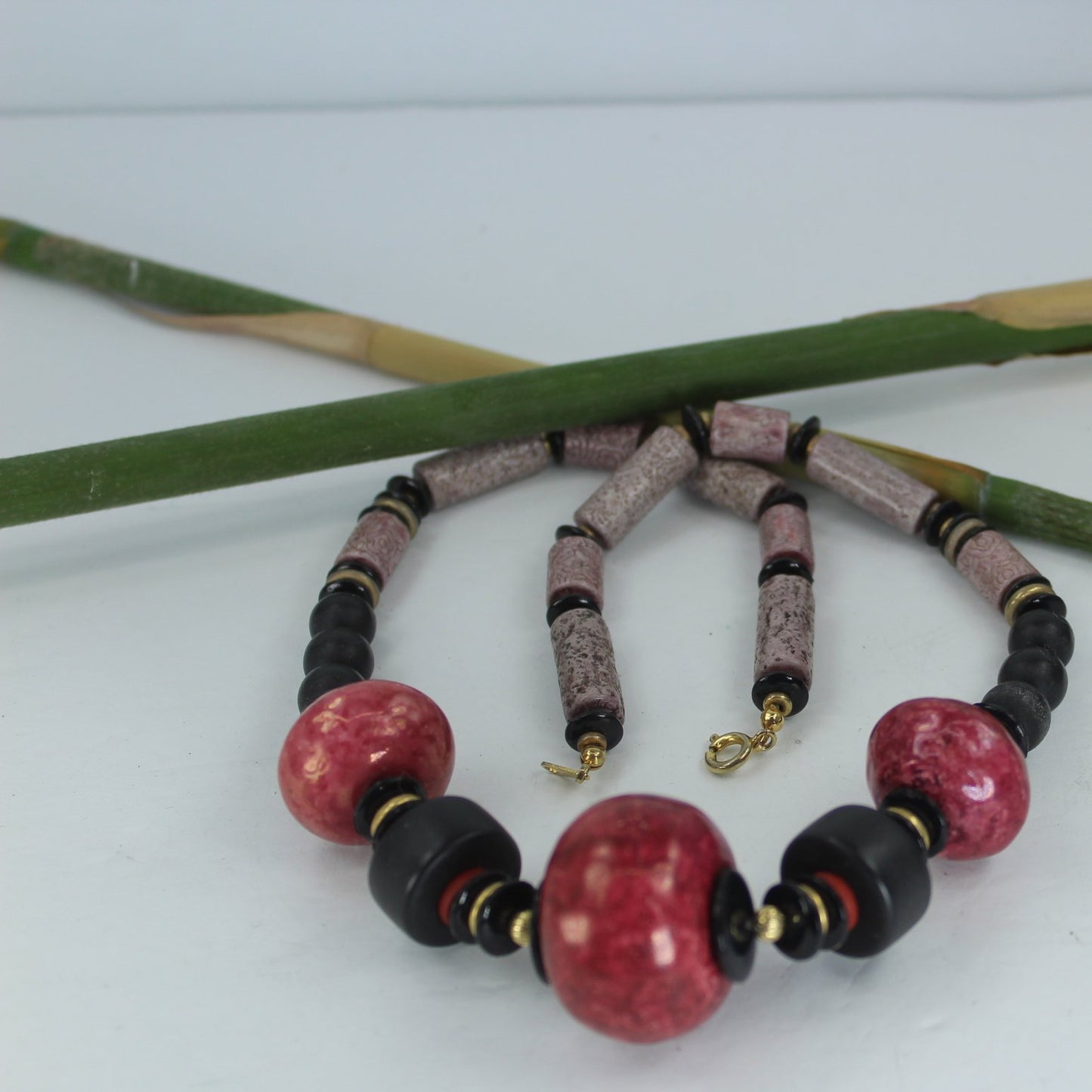 Statement Necklace Outstanding Colors Mauve Raspberry Black Beads Large Round Tube Japan front on view