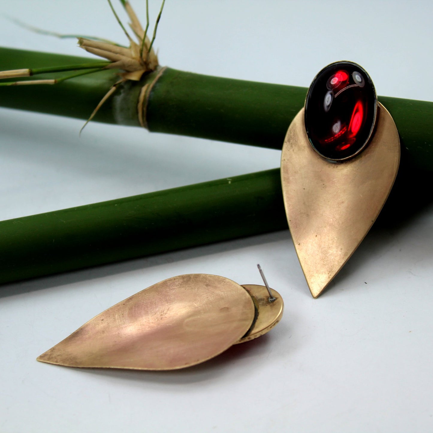 Vintage Copper Huge Earrings Post Stud Large Red Cabochon reverse
