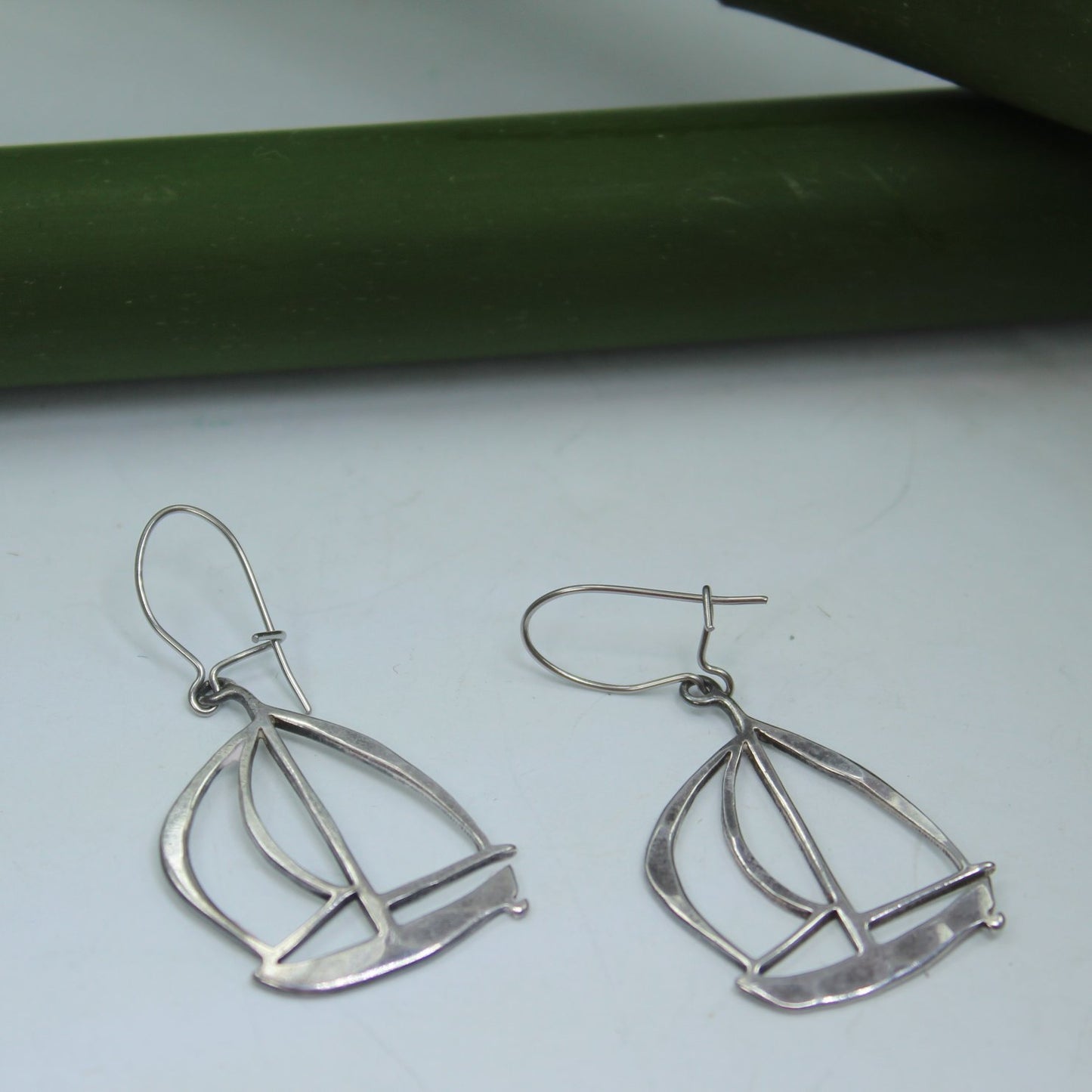 Artisan Sterling Earrings Cutout Sailing Ship Design Shepherd Hook table view