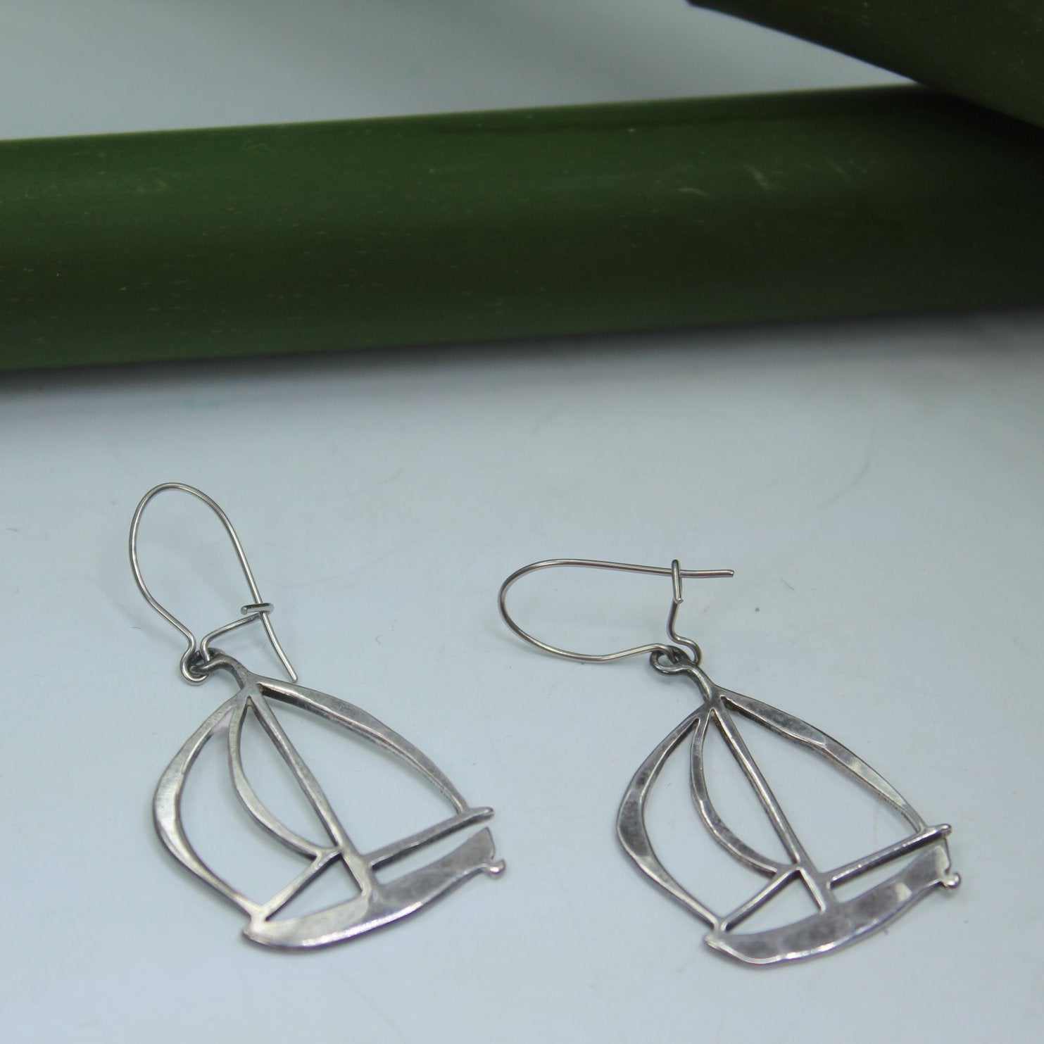 Artisan Sterling Earrings Cutout Sailing Ship Design Shepherd Hook table view