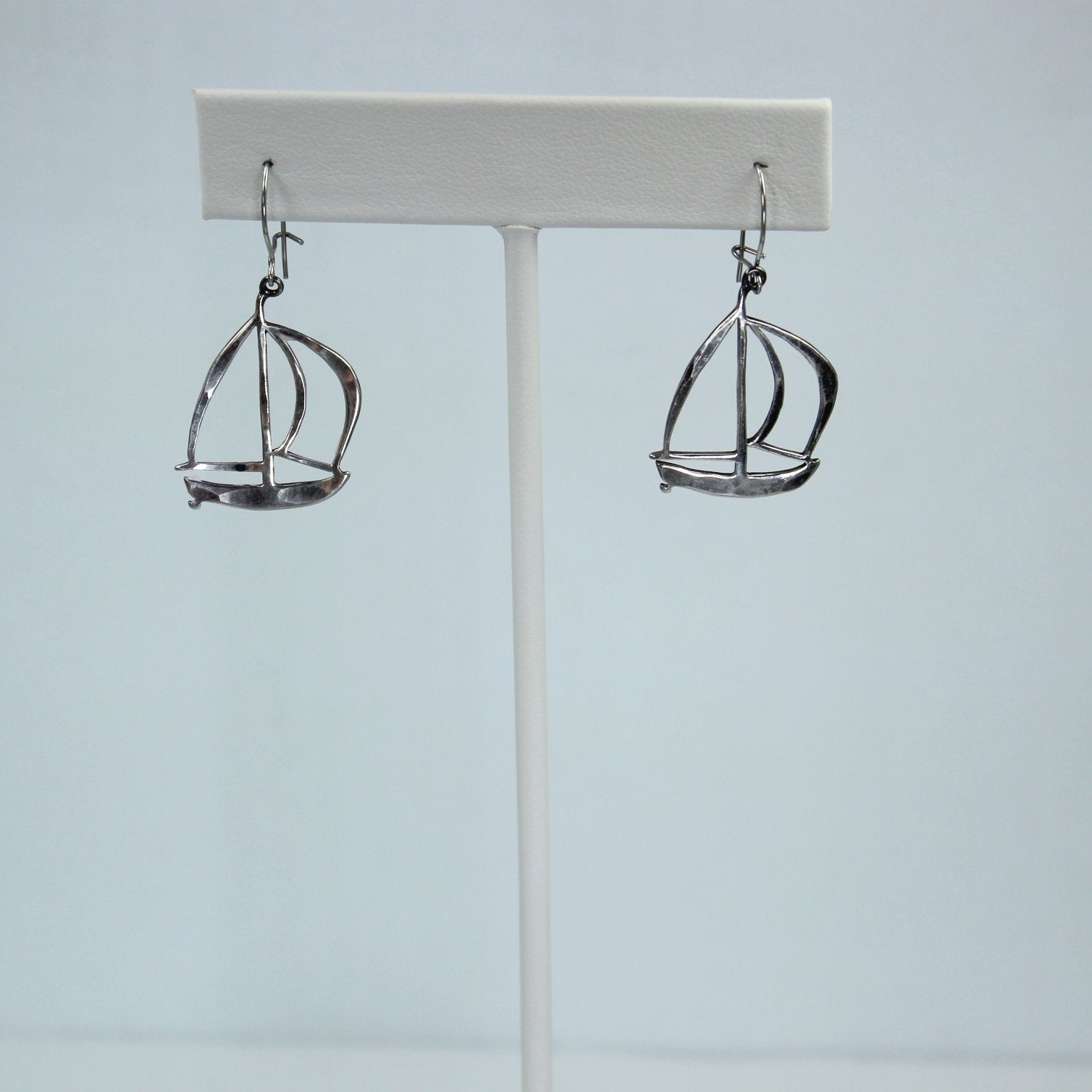 Artisan Sterling Earrings Cutout Sailing Ship Design Shepherd Hook on ear view