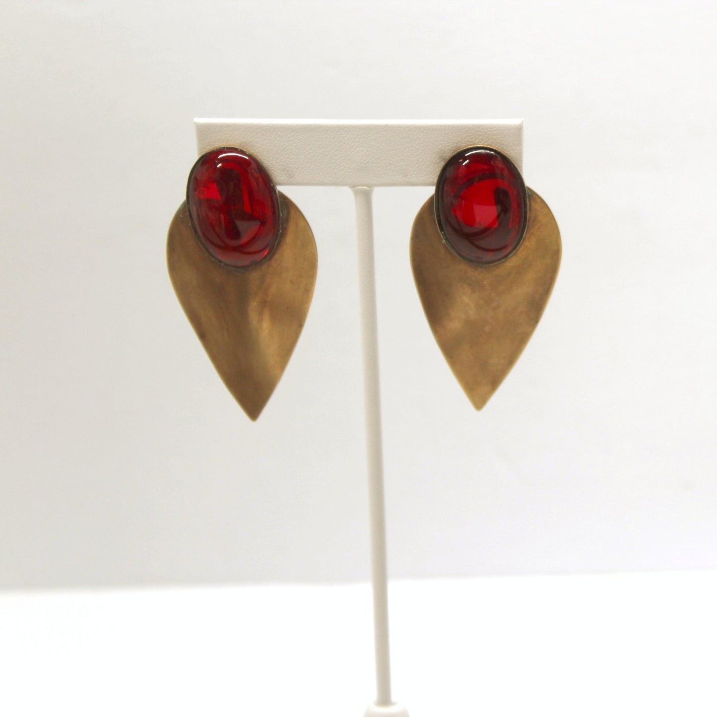 Vintage Copper Huge Earrings Post Stud Large Red Cabochon on ear look
