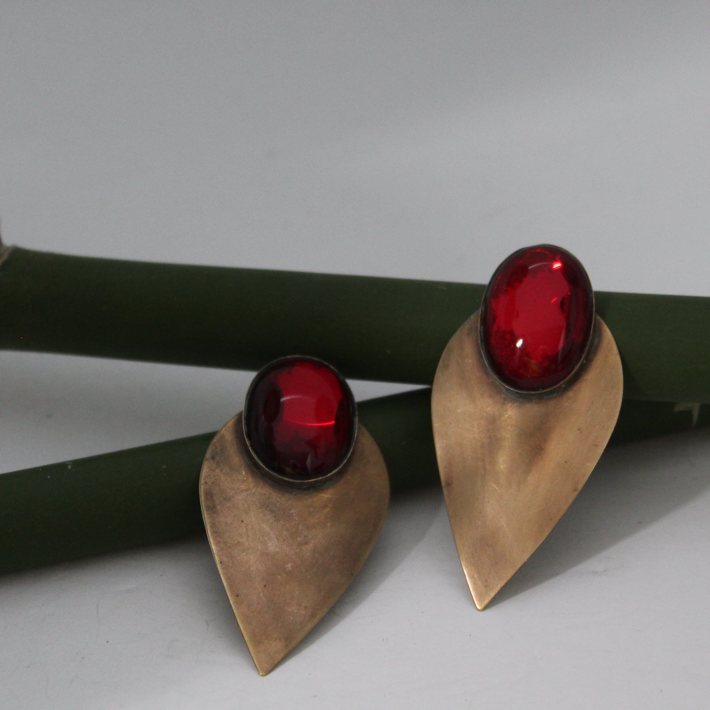 Vintage Copper Huge Earrings Post Stud Large Red Cabochon