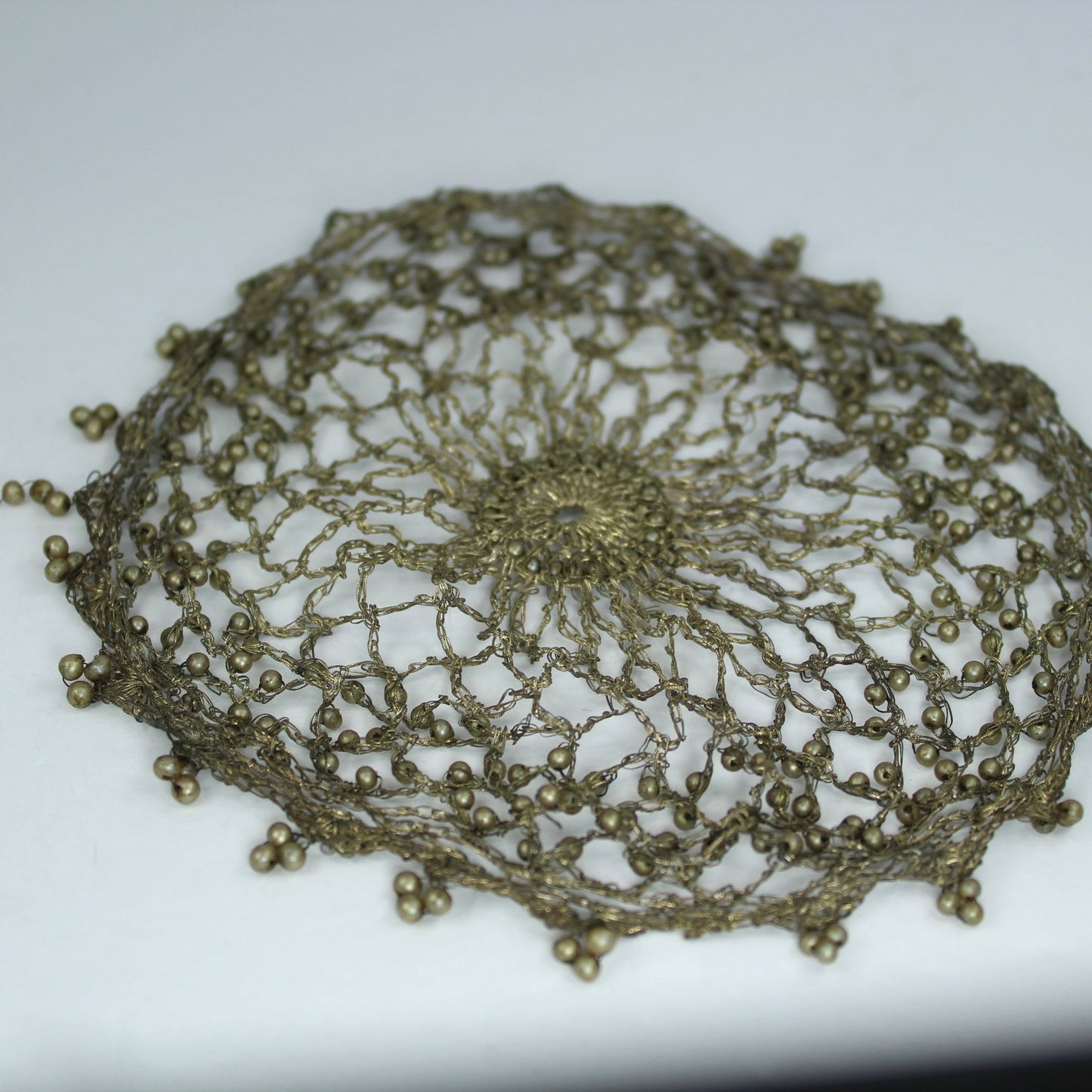 Exquisite Victorian Hair Chignon Snood Crochet Metallic Thread Pearls Rosewood Box laying flat view