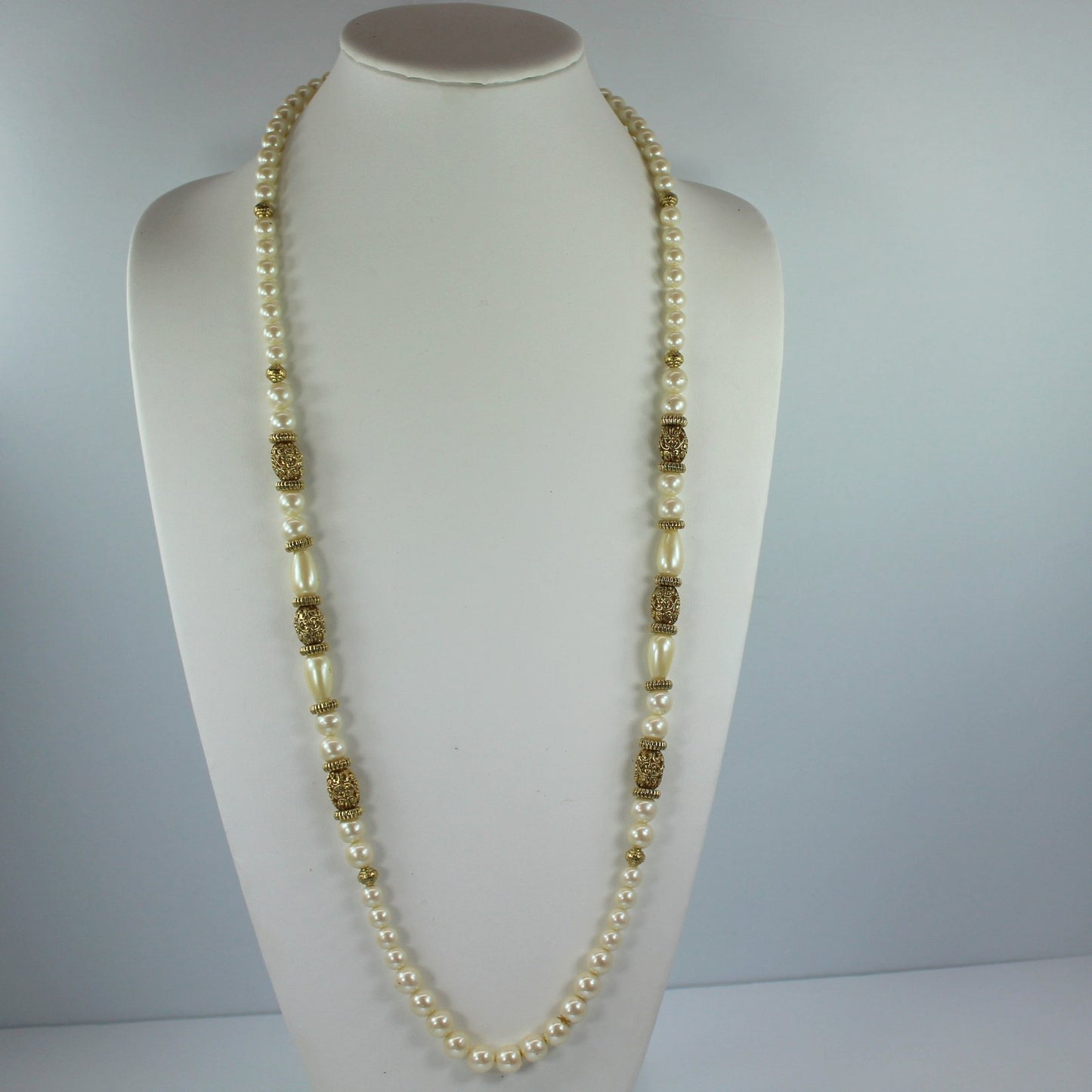 Stunning 1928 Brand Necklace Goldtone Filigree Pearls Opera Length Long 36" worn opera stryl pix