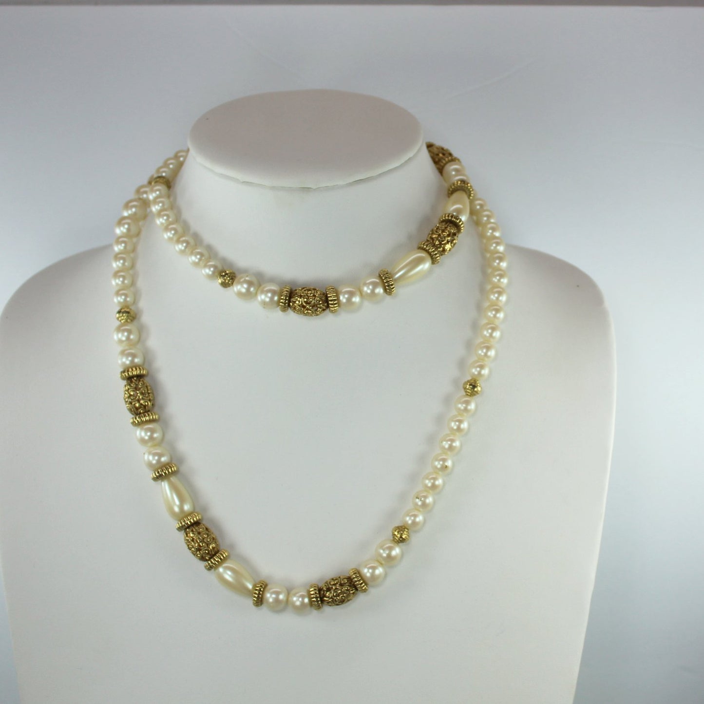 Stunning 1928 Brand Necklace Goldtone Filigree Pearls Opera Length Long 36" worn wrap style