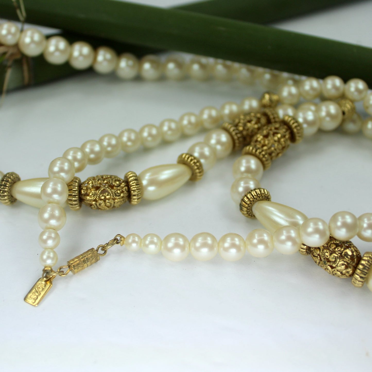 Stunning 1928 Brand Necklace Goldtone Filigree Pearls Opera Length Long 36" closeup