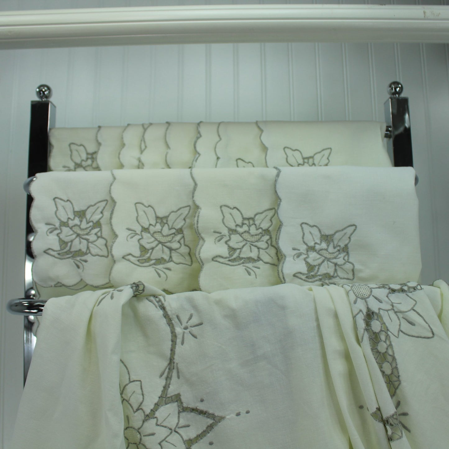 Large Off White Linen Tablecloth 12 Napkins Cut Work Embroidered 63" X 97" Mid Century closeup napkins