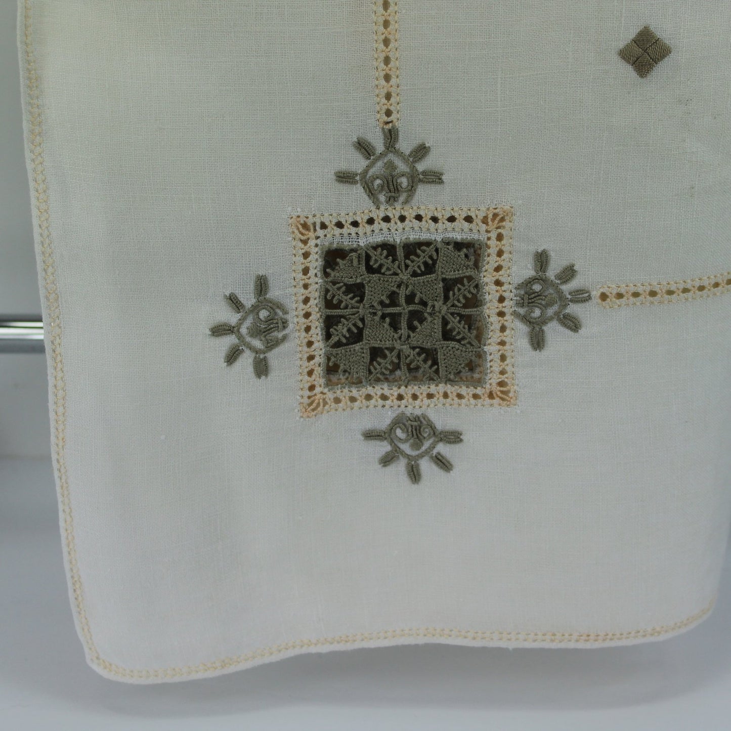 Elegant Vintage Embroidered Tablecloth Heavy Off White Linen Open Work Hand Stitch Edges corner detail exquisite hand work