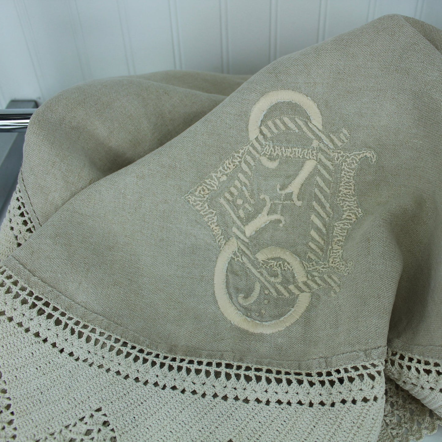 Round Antique Heavy Weave Natural Linen Trousseau Item Early 1900s Exquisite Embroidery reverse view of monogram