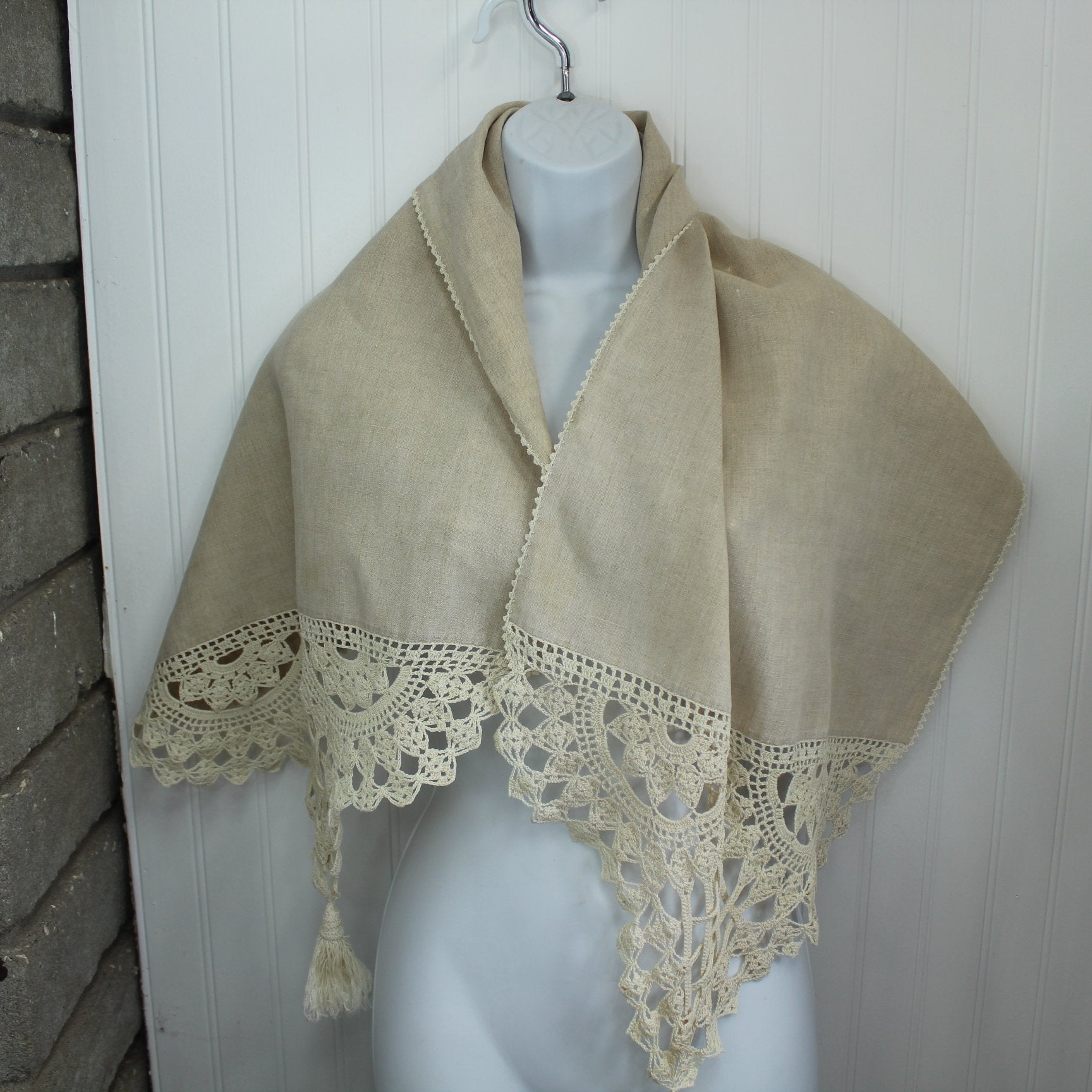 Long Antique Tassel Table Runner Natural Linen Lattice Work Crochet Great for Shawl Too wonderful wearable