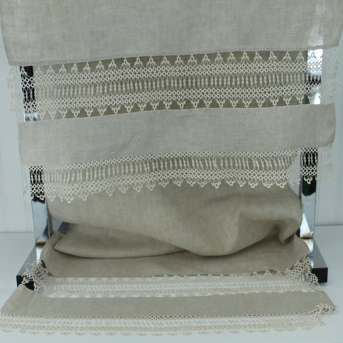Long Antique Table Runner Natural Linen Double Tatting Inserts Great for Shawl lovely estate table piece