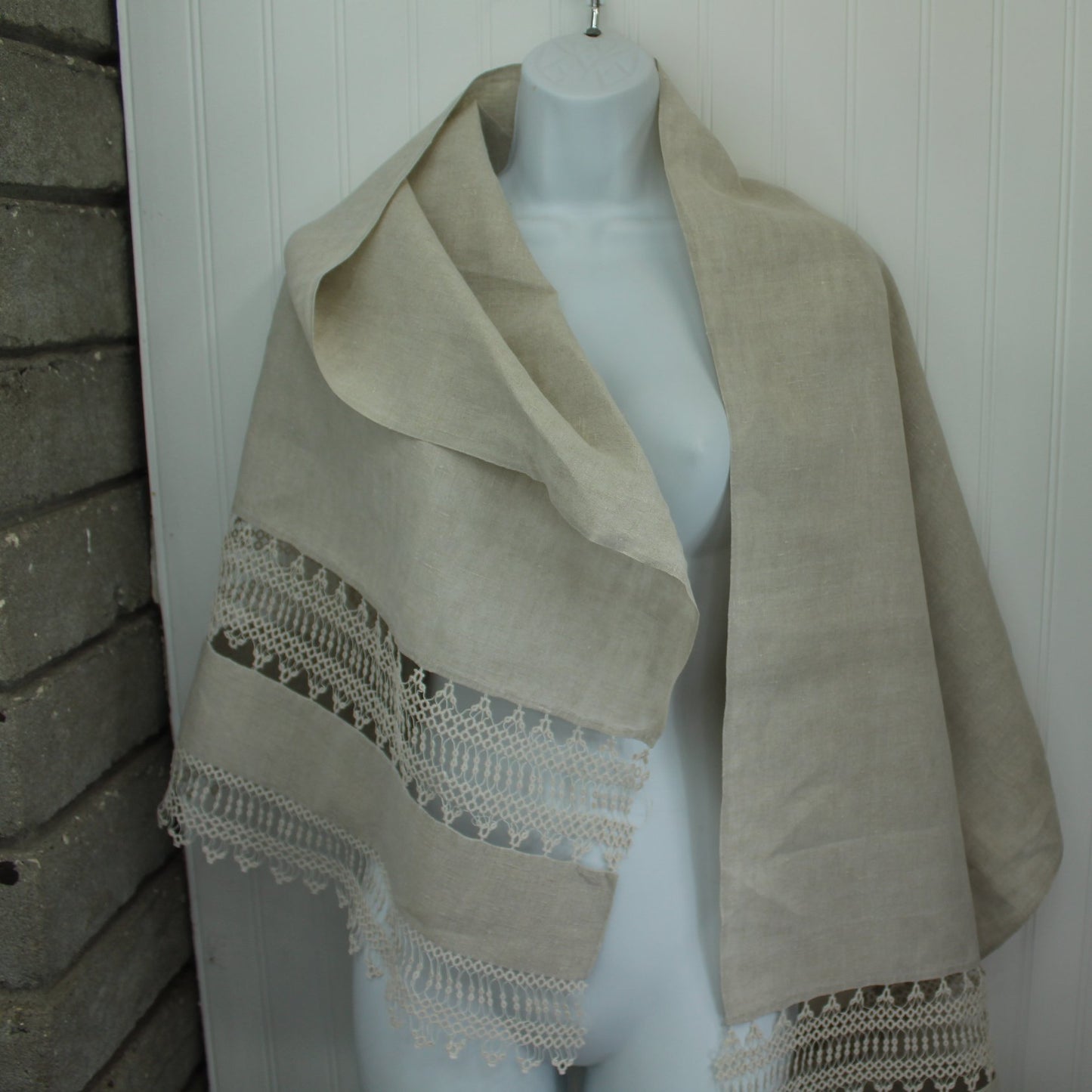 Long Antique Table Runner Natural Linen Double Tatting Inserts Great for Shawl use as wearable