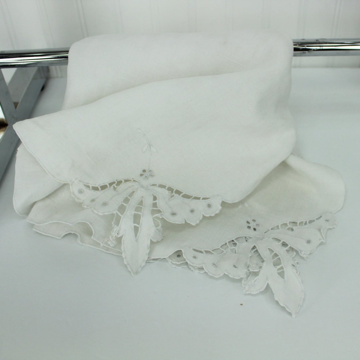 Small White Embroidered Tablecloth Vintage Estate embroidery each corner