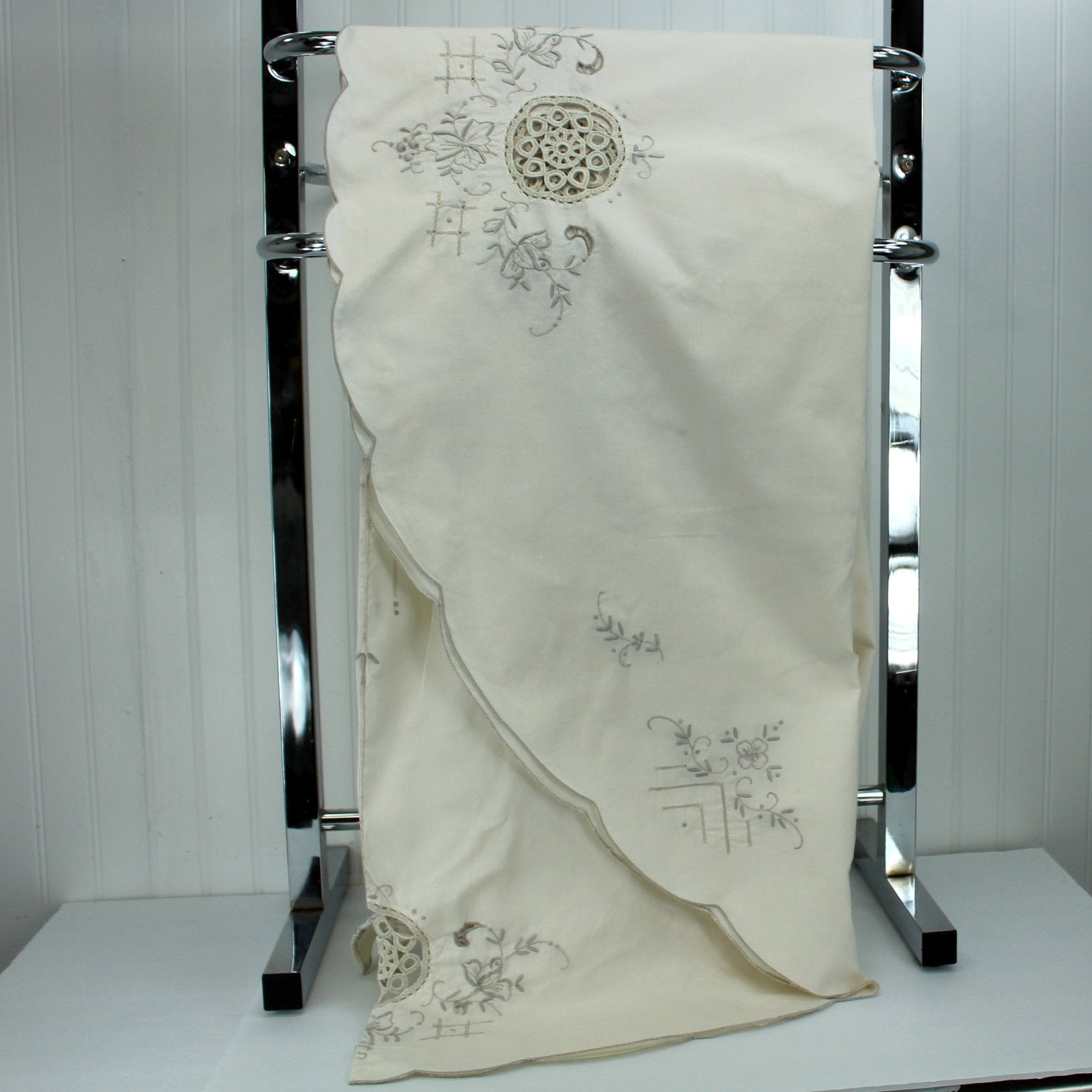 Large Oval Bone Cotton Tablecloth Beige Embroidery Vintage 65" X 79" DIY Project folded linear view