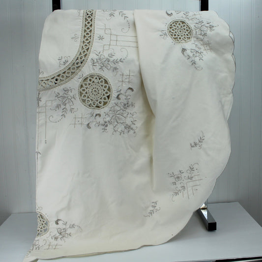 Large Oval Bone Cotton Tablecloth Beige Embroidery Vintage 65" X 79" DIY Project