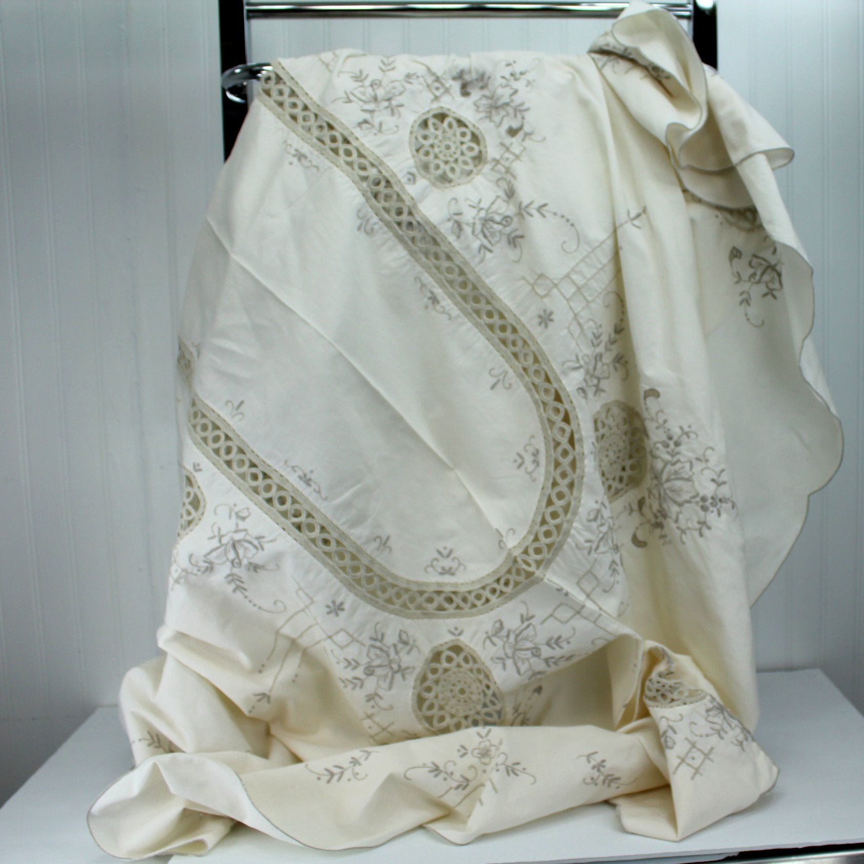 Large Oval Bone Cotton Tablecloth Beige Embroidery Vintage 65" X 79" DIY Project center medallion photo