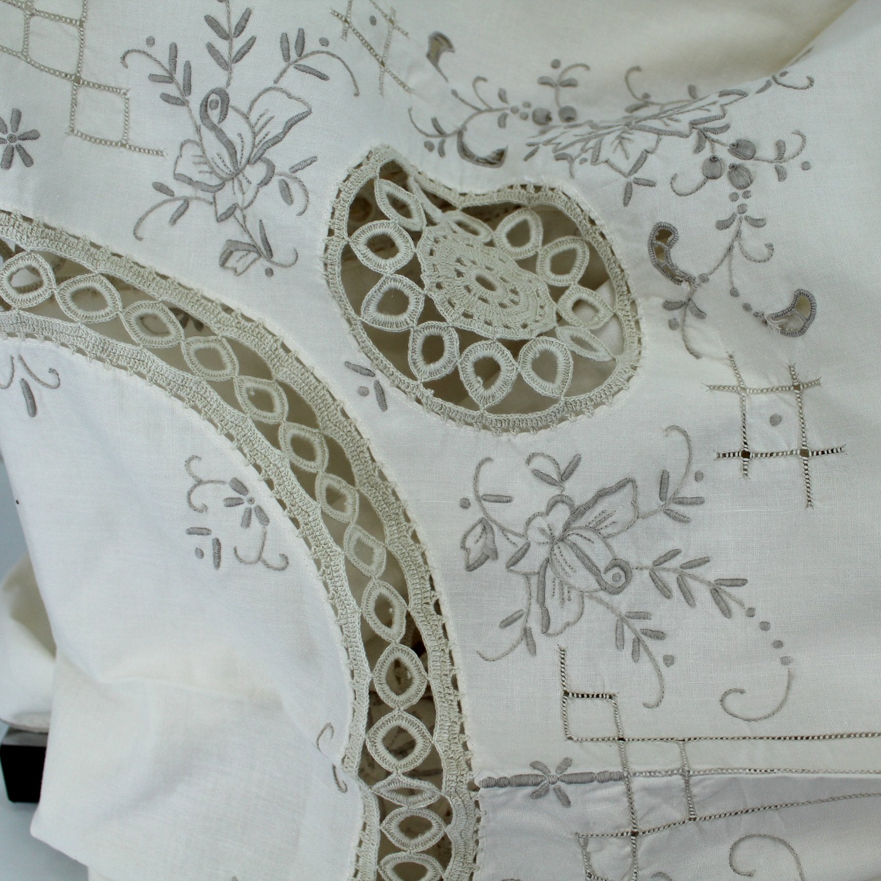 Large Oval Bone Cotton Tablecloth Beige Embroidery Vintage 65" X 79" DIY Project design closeup