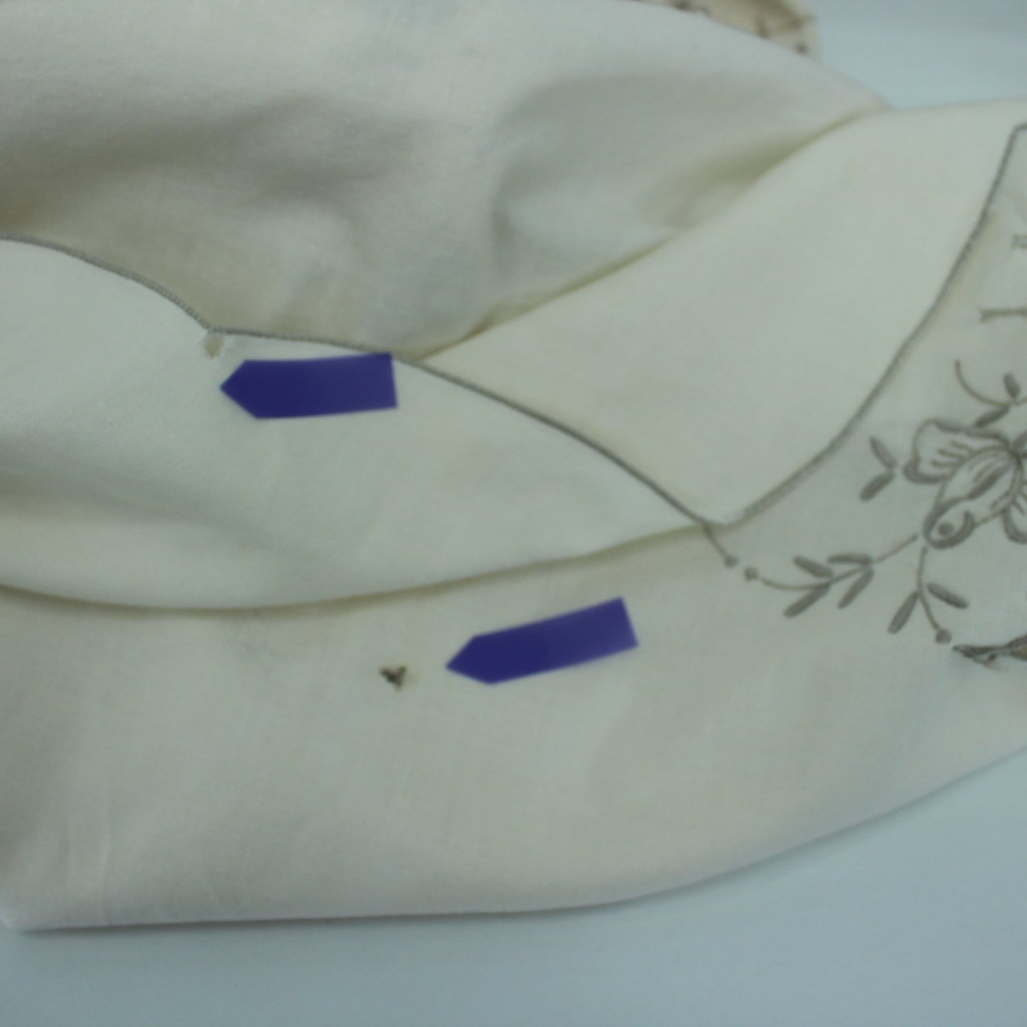 Large Oval Bone Cotton Tablecloth Beige Embroidery Vintage 65" X 79" DIY Project flaws noted