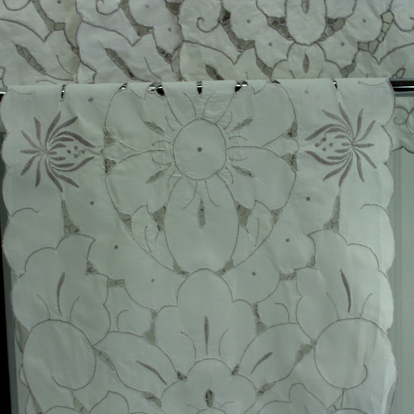 Table Runner 8 Place Mats White Heavy Cotton Overall Embroidery Cutwork DIY Repurpose closseup runner design