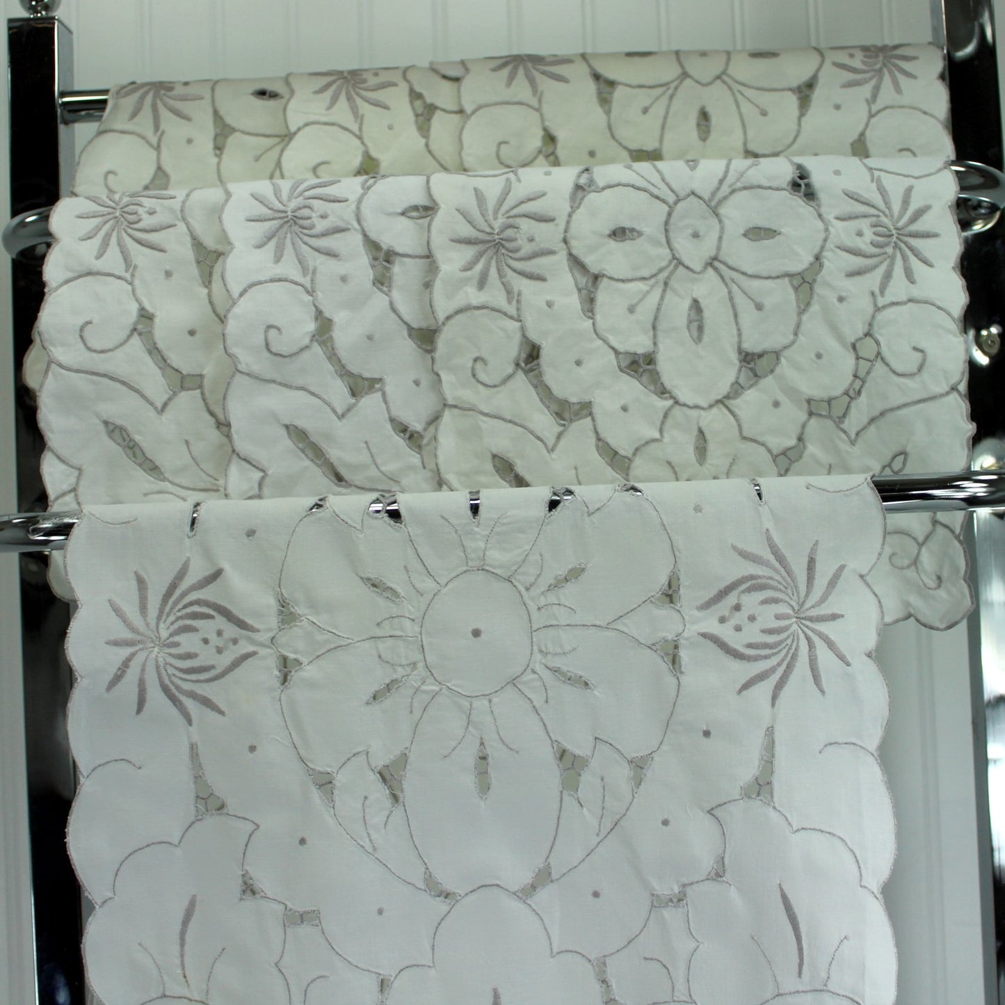 Table Runner 8 Place Mats White Heavy Cotton Overall Embroidery Cutwork DIY Repurpose