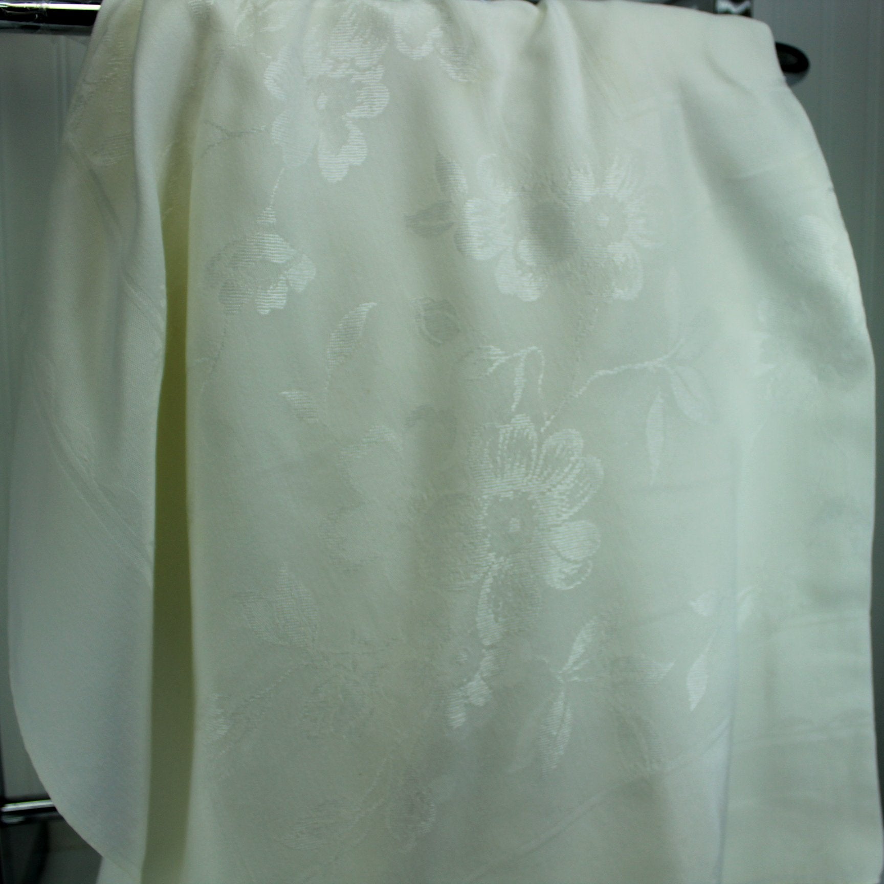 Ivory Cream Damask Tablecloth Vintage Mid Century 48" X 66"