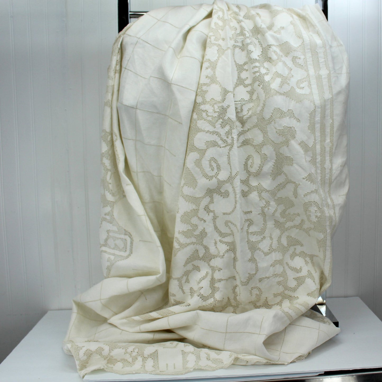 Elegant Natural Linen Large Tablecloth 98" X 66" All Over Open Work Net Design Pattern center design