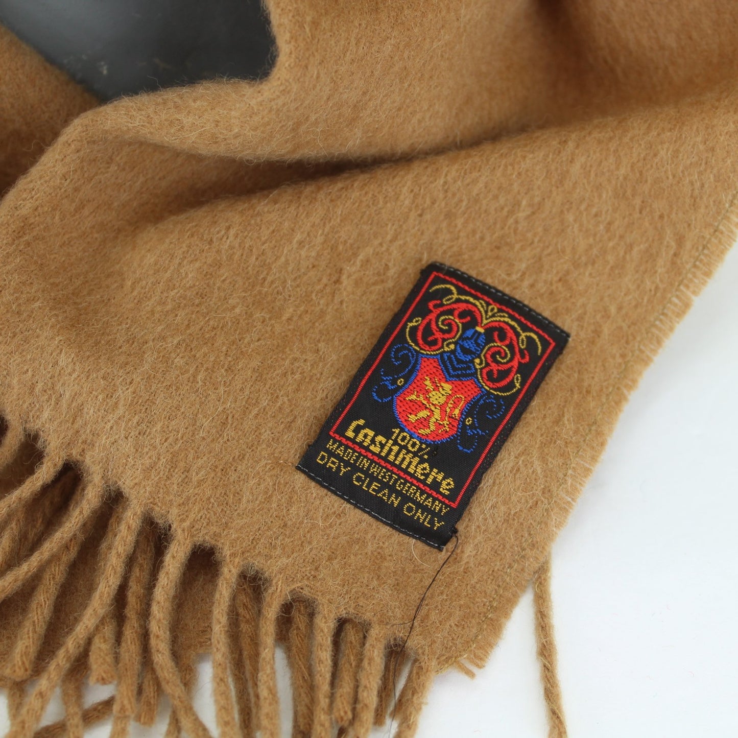 Soft Lush Neck Scarf 100% Cashmere Camel Color 46" X 11" W Germany orig ribbon tag