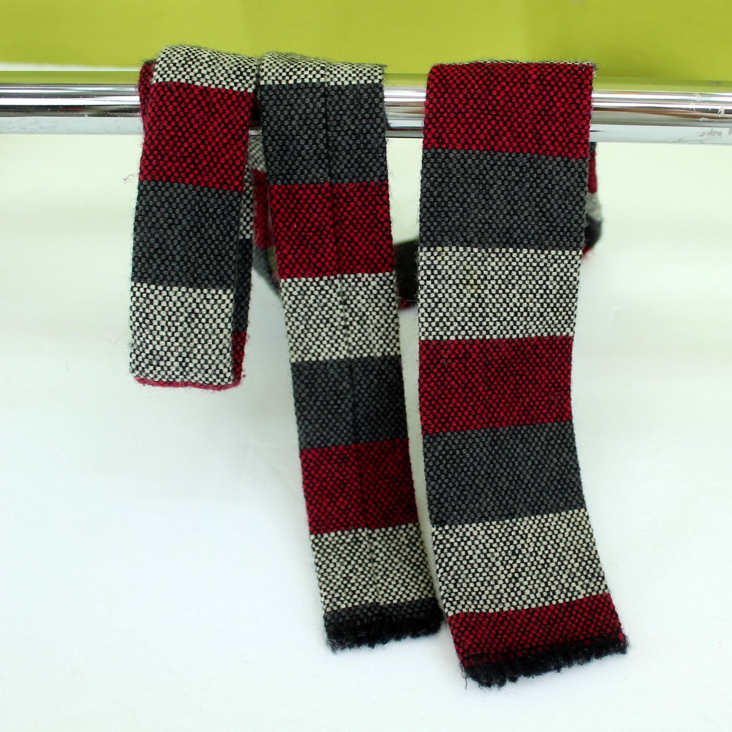 Churchill Weavers Skinny Wool Necktie Hand Woven Square End Red Black Grey 52" X 2" MCM flexible fiber